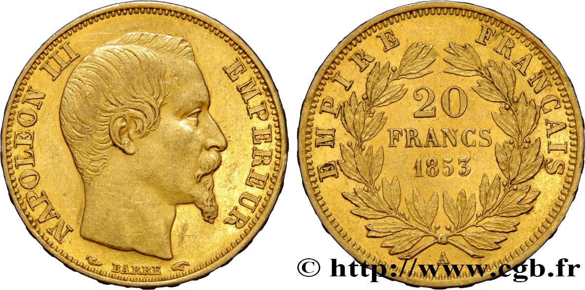 20 francs or Napoléon III, tête nue 1853 Paris F.531/1 SUP58 