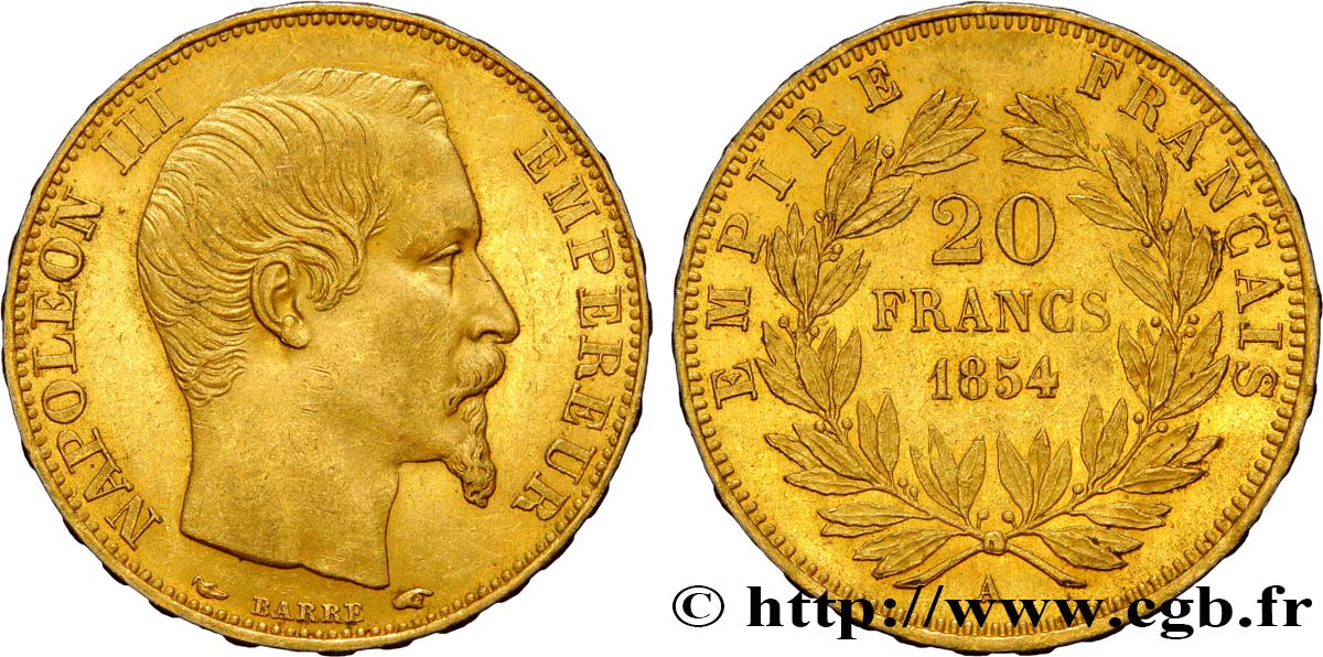 20 francs or Napoléon III, tête nue 1854 Paris F.531/2 SUP58 