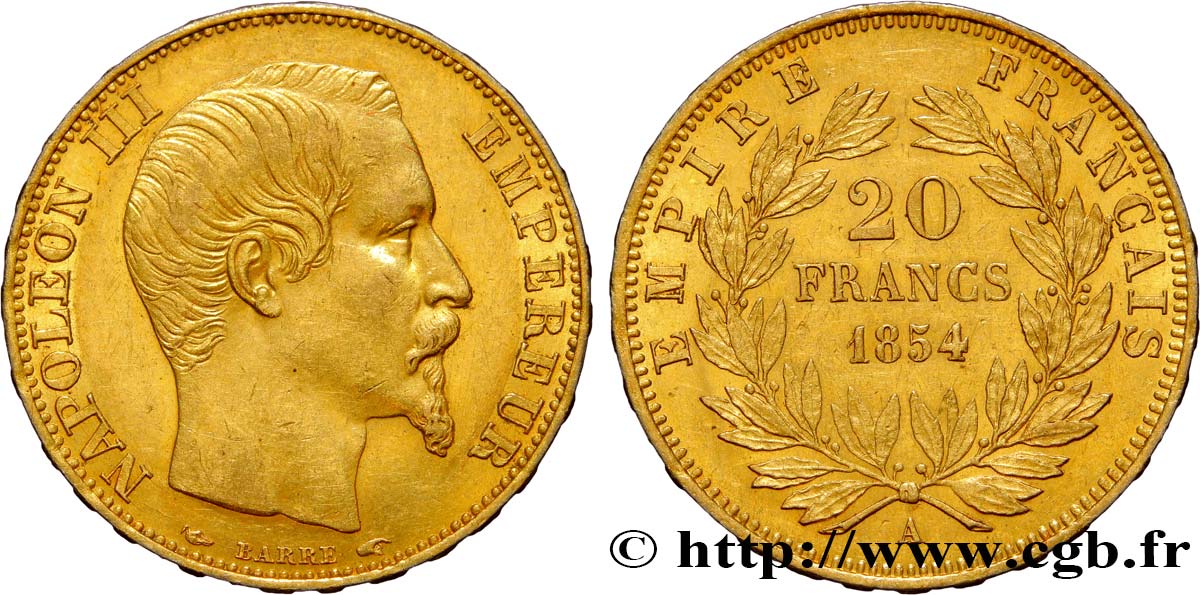 20 francs or Napoléon III, tête nue 1854 Paris F.531/2 SUP55 