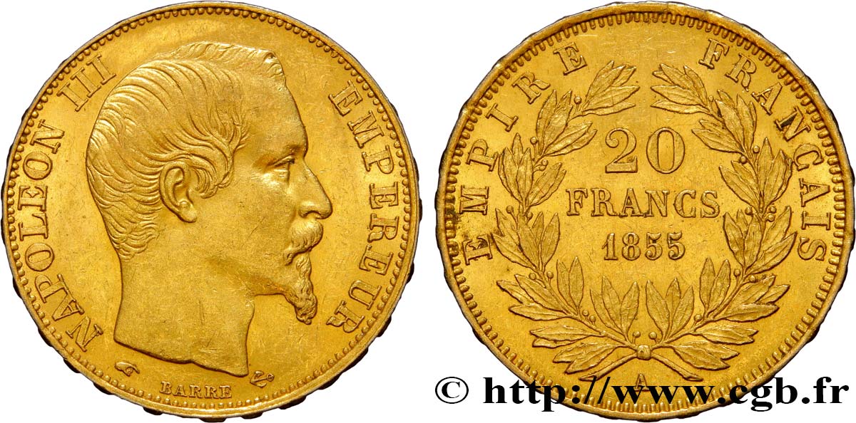 20 francs or Napoléon III, tête nue 1855 Paris F.531/4 EBC55 