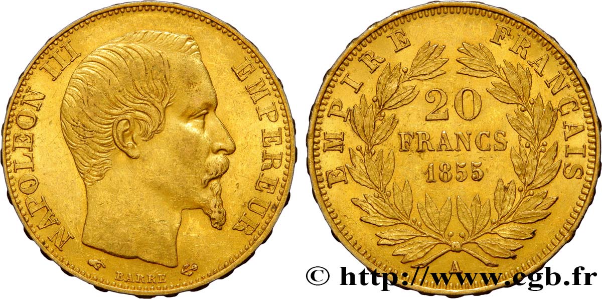 20 francs or Napoléon III, tête nue 1855 Paris F.531/4 SUP55 