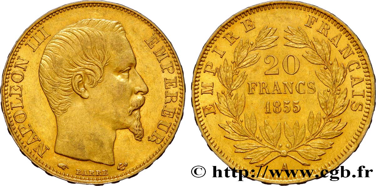 20 francs or Napoléon III, tête nue 1855 Paris F.531/4 SUP55 
