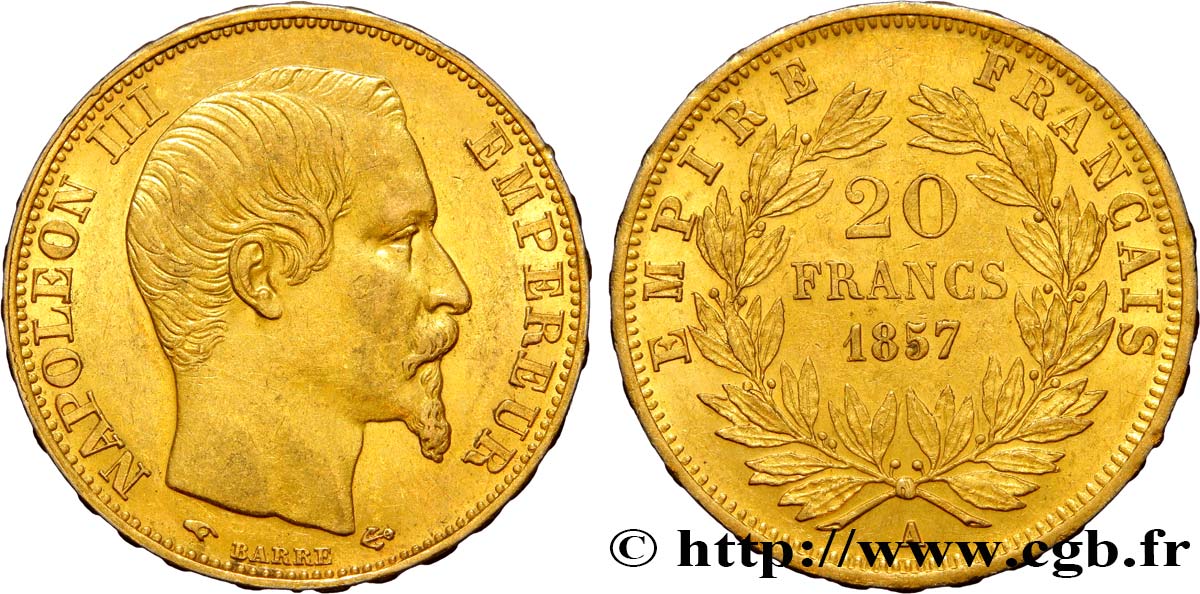 20 francs or Napoléon III, tête nue 1857 Paris F.531/12 SPL55 