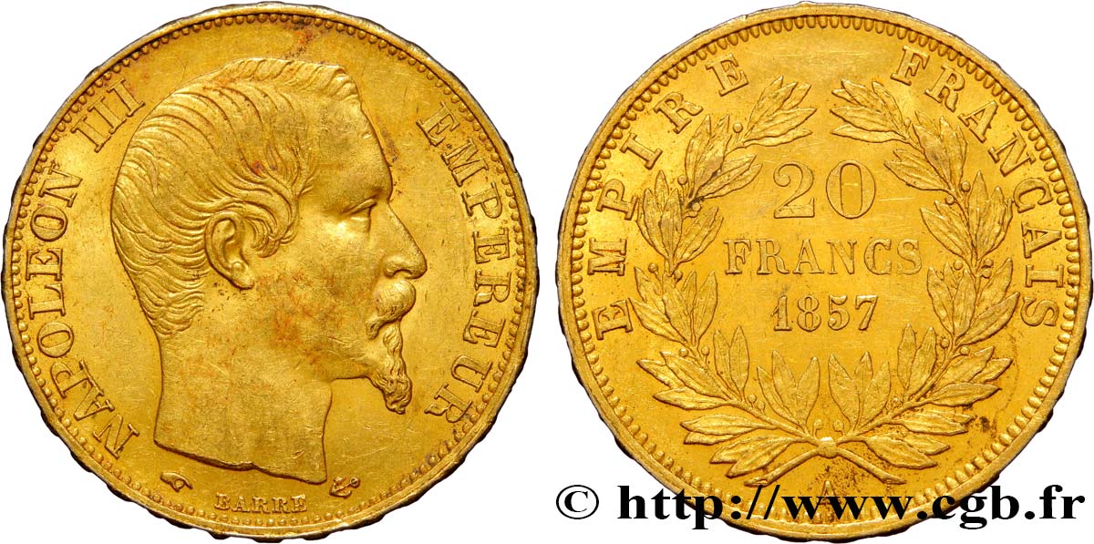 20 francs or Napoléon III, tête nue 1857 Paris F.531/12 SS52 