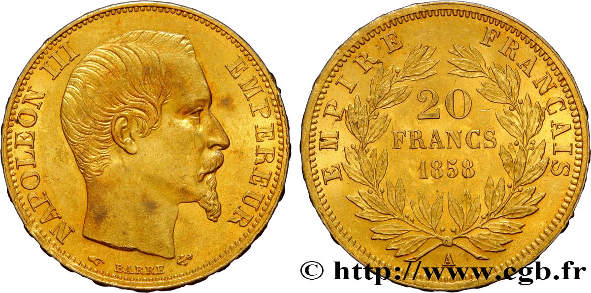 20 francs or Napoléon III, tête nue 1858 Paris F.531/13 EBC60 