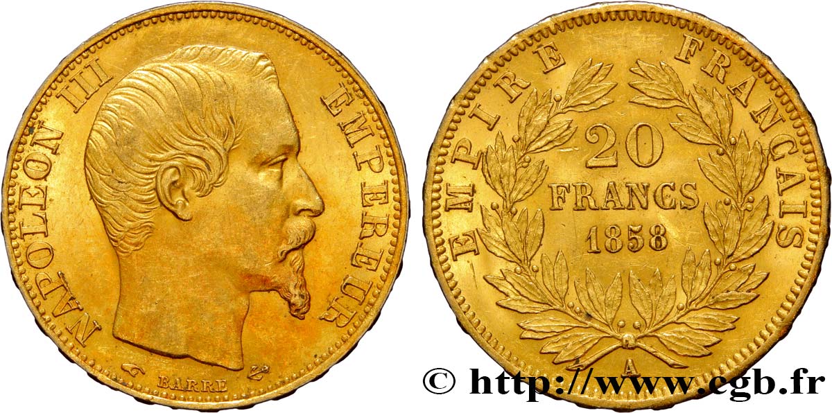 20 francs or Napoléon III, tête nue 1858 Paris F.531/13 AU52 