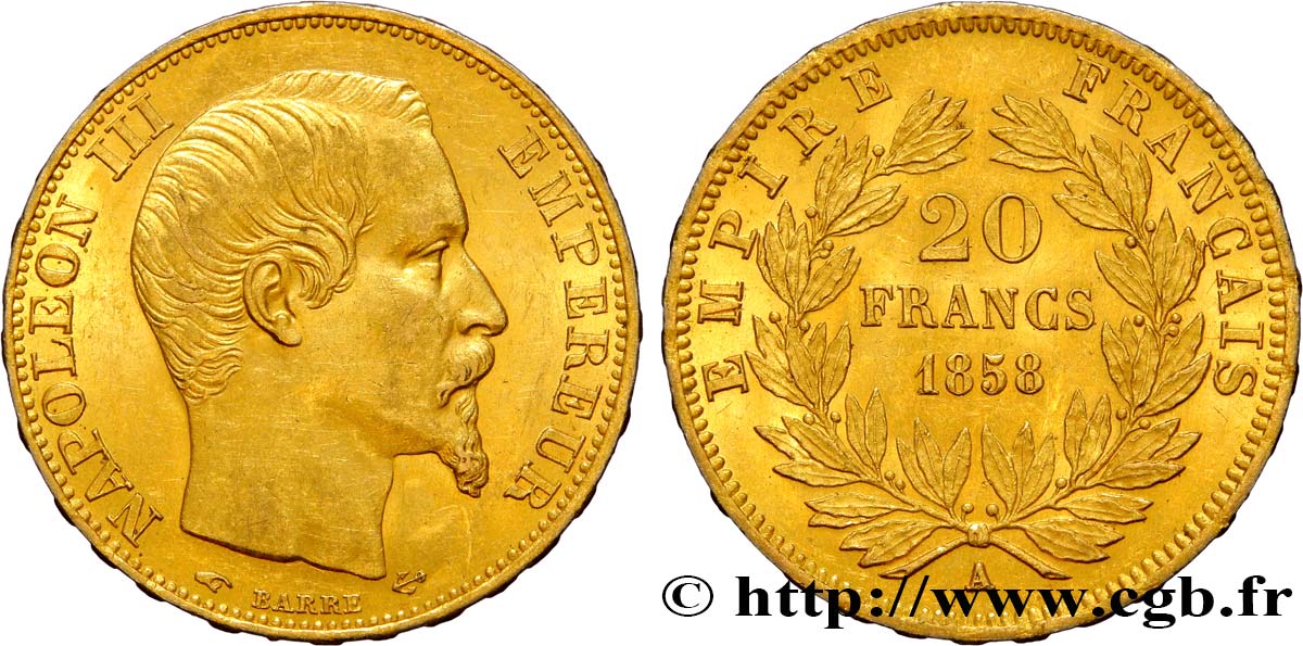 20 francs or Napoléon III, tête nue 1858 Paris F.531/13 SPL58 