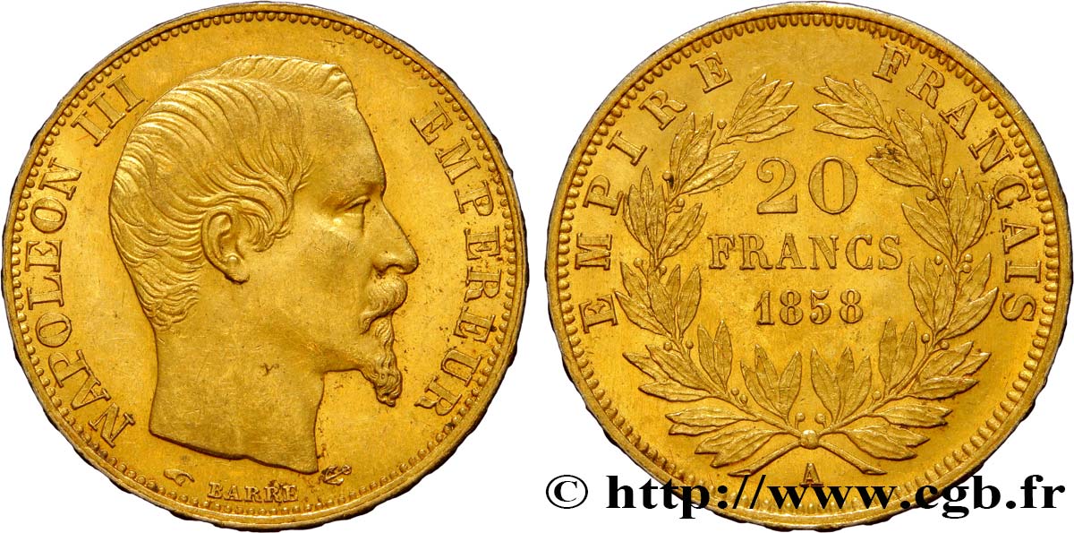 20 francs or Napoléon III, tête nue 1858 Paris F.531/13 SUP55 
