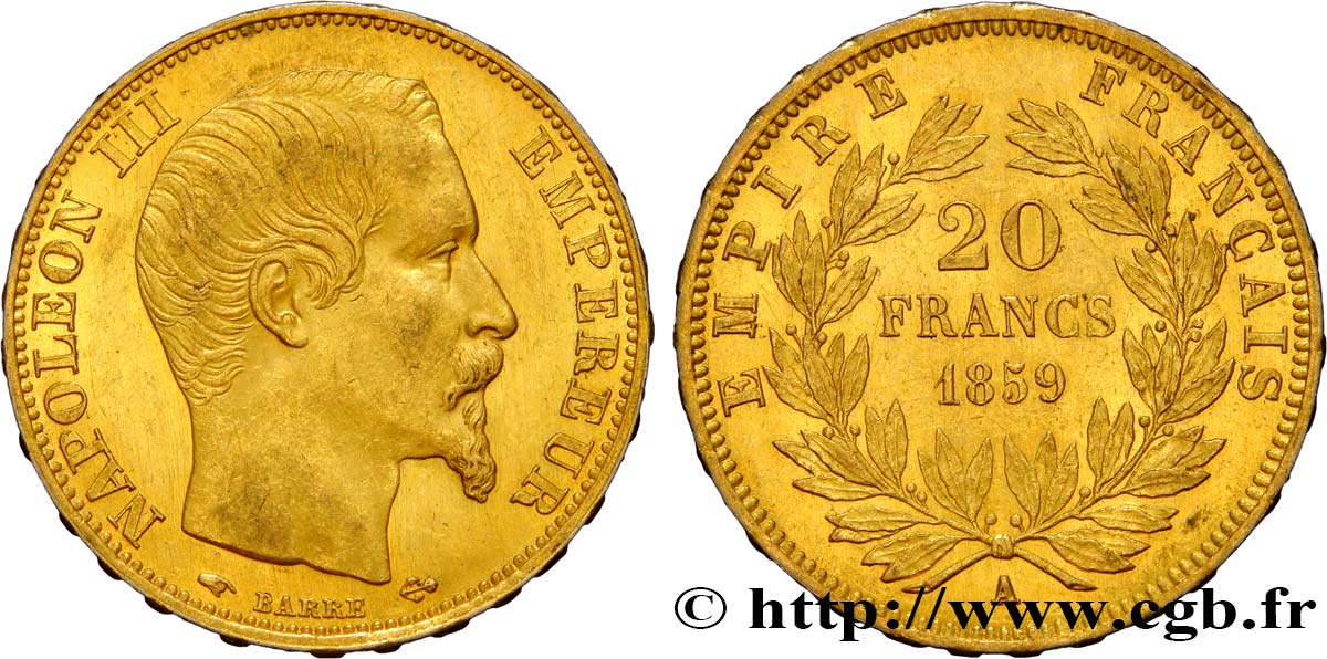 20 francs or Napoléon III, tête nue 1859 Paris F.531/15 SPL58 