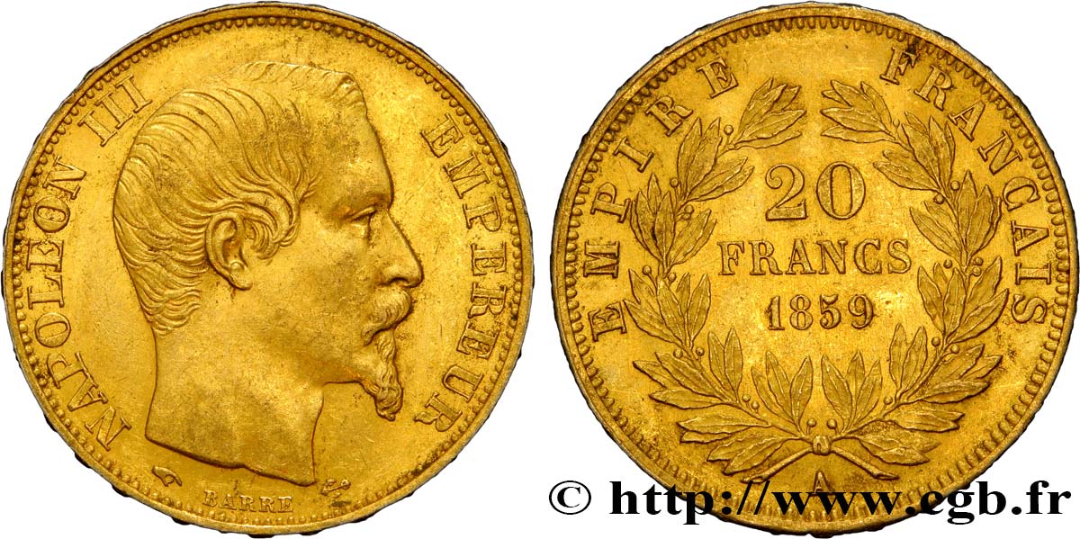 20 francs or Napoléon III, tête nue 1859 Paris F.531/15 SUP55 