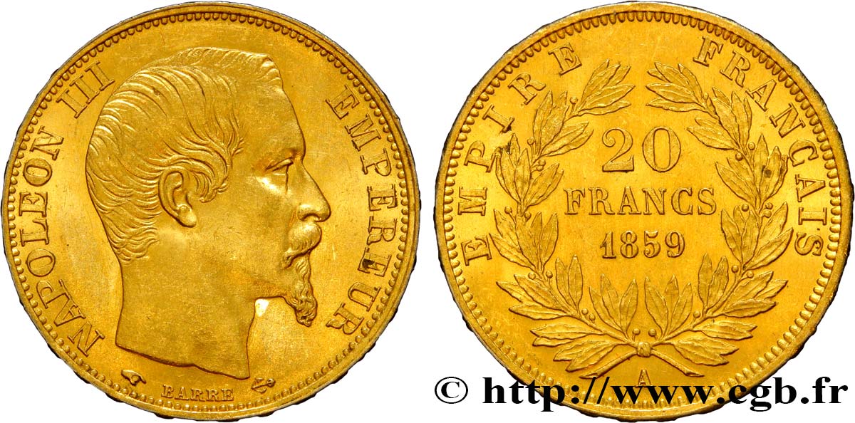 20 francs or Napoléon III, tête nue 1859 Paris F.531/15 VZ62 