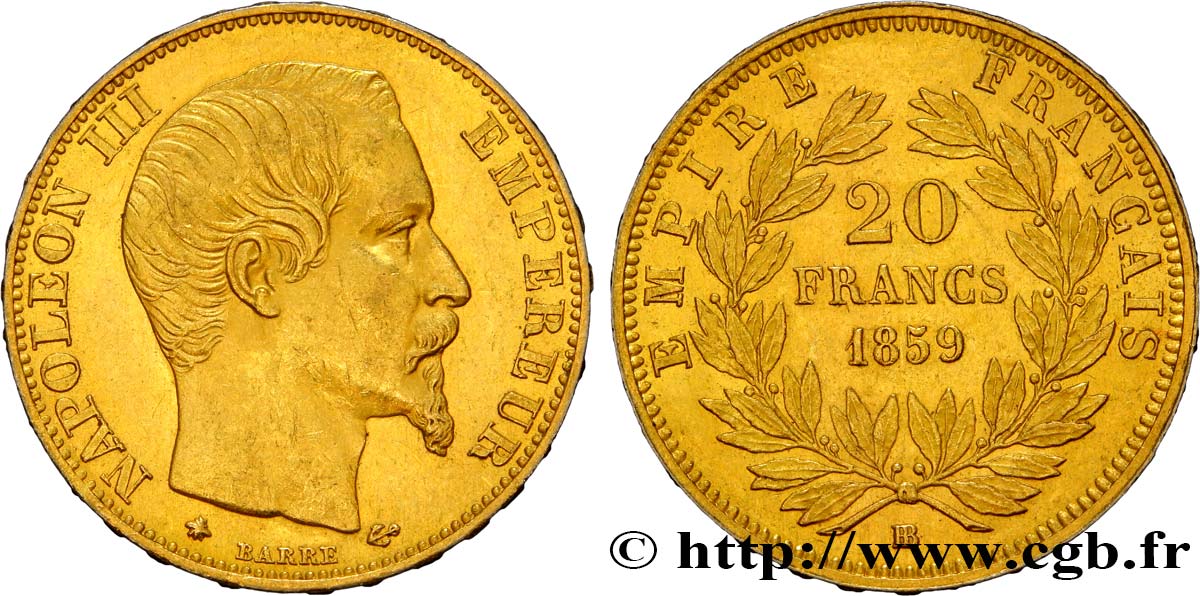 20 francs or Napoléon III, tête nue 1859 Strasbourg F.531/16 SPL55 