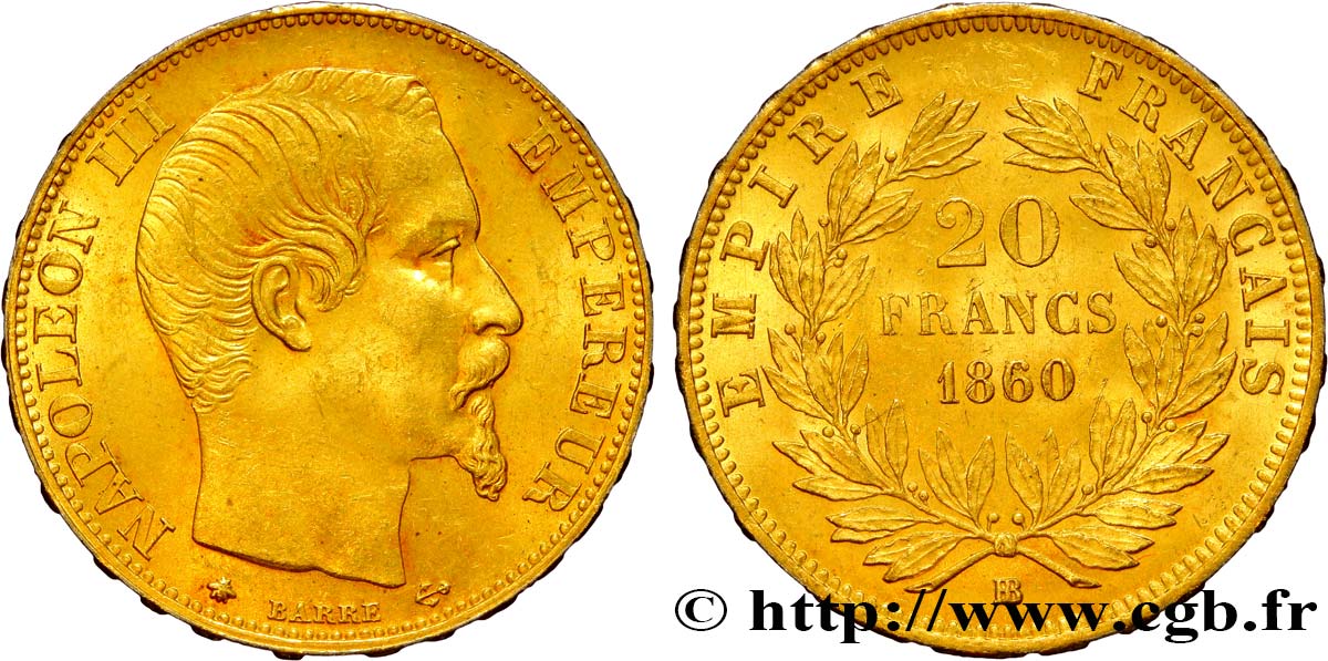 20 francs or Napoléon III, tête nue 1860 Strasbourg F.531/19 SUP60 