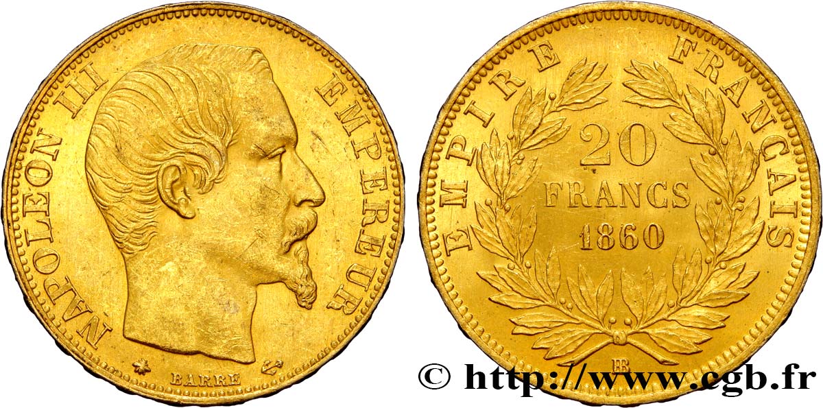 20 francs or Napoléon III, tête nue 1860 Strasbourg F.531/19 EBC60 