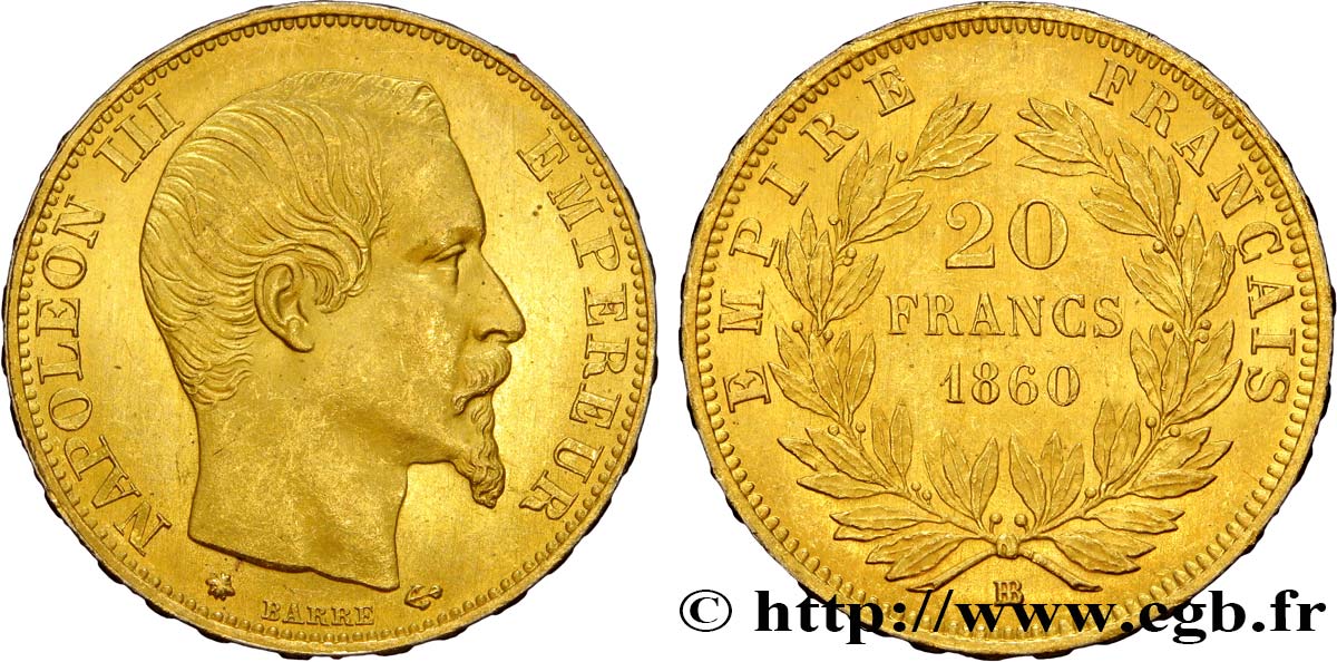 20 francs or Napoléon III, tête nue 1860 Strasbourg F.531/20 SUP62 