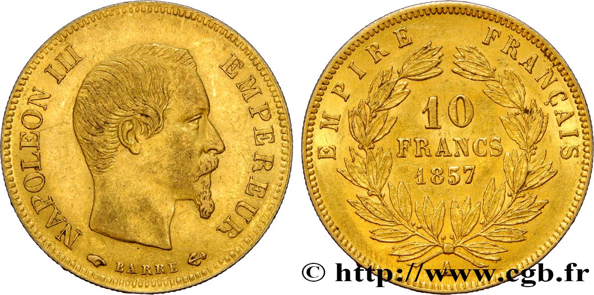 10 francs or Napoléon III, tête nue 1857 Paris F.506/4 AU52 