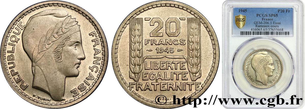 Essai de 20 francs Turin en cupro-nickel 1945 Paris GEM.206 1 ST65 PCGS