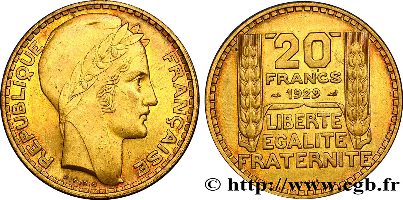 Essai de 20 francs Turin en bronze-aluminium 1929 Paris GEM.199 5 MS60 