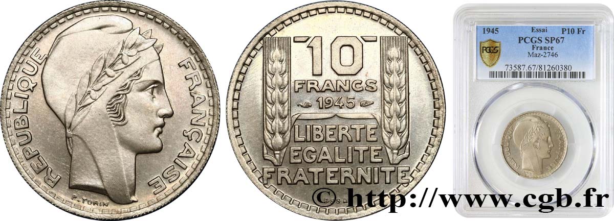 Essai de 10 francs Turin, grosse tête, rameaux longs 1945 Paris F.361/1 ST67 PCGS