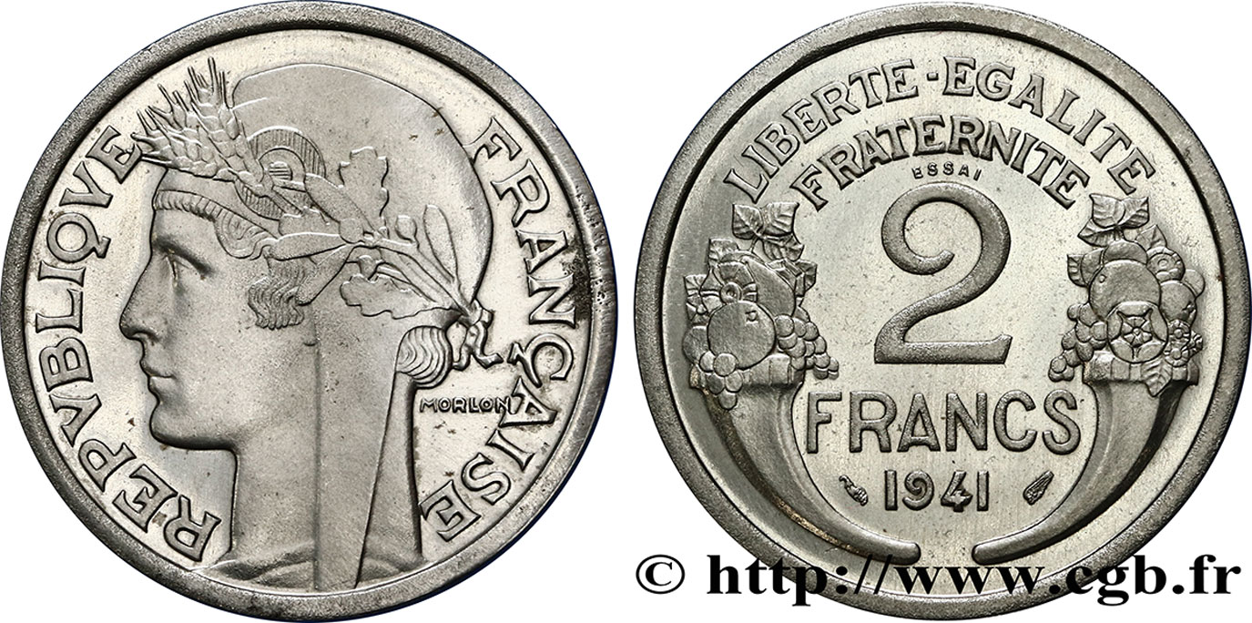 Essai en fer de 2 francs Morlon, flan épais 1941 Paris GEM.114 4 MS63 