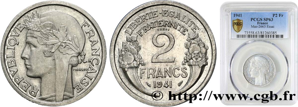 Essai en aluminium de 2 francs Morlon 1941 Paris F.269/1 SC63 PCGS