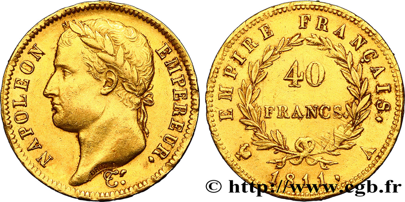 40 francs or Napoléon tête laurée, Empire français 1811 Paris F.541/6 SS54 