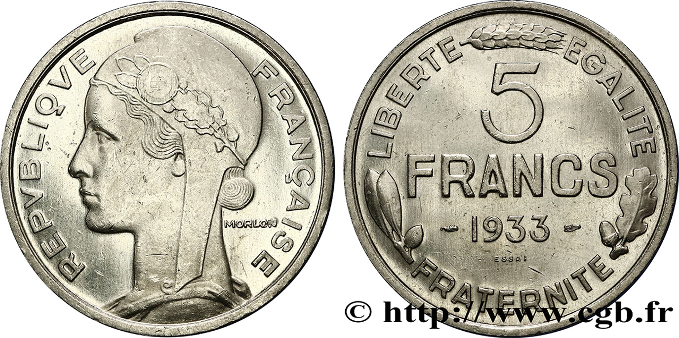 Concours de 5 francs, essai de Morlon en nickel 1933 Paris GEM.138 1 EBC60 