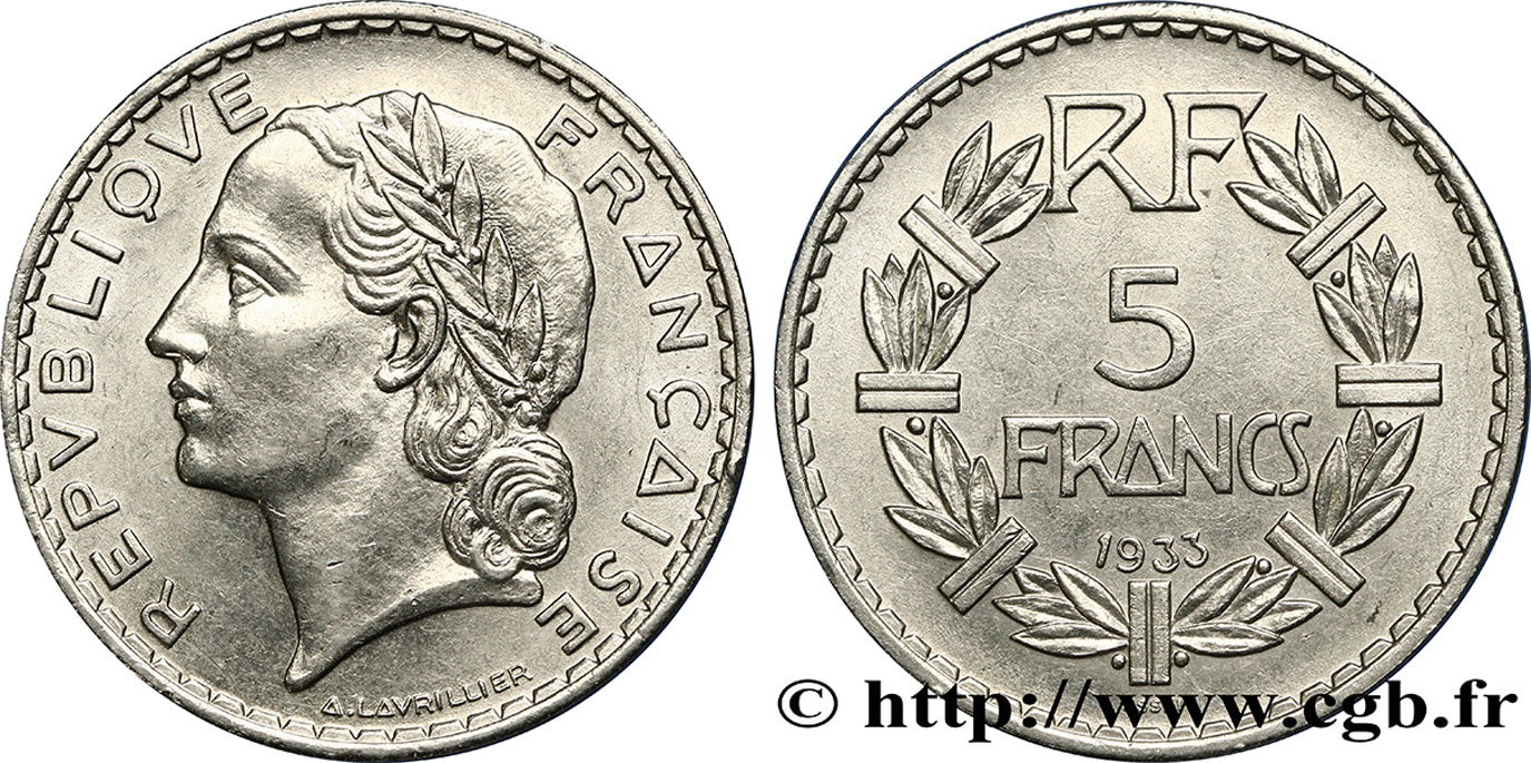 Concours de 5 francs, essai de Lavrillier en nickel, sans différents 1933 Paris GEM.137 8 EBC60 