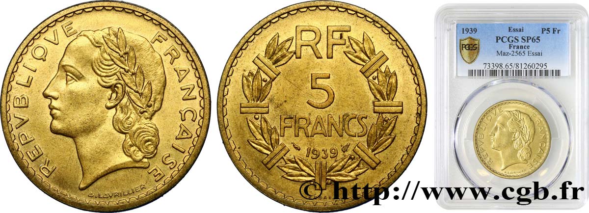 Essai de 5 francs Lavrillier, bronze-aluminium 1939 Paris F.337/2 FDC65 PCGS