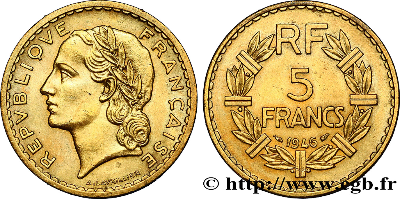 5 francs Lavrillier, bronze-aluminium 1946 Castelsarrasin F.337/8 EBC55 