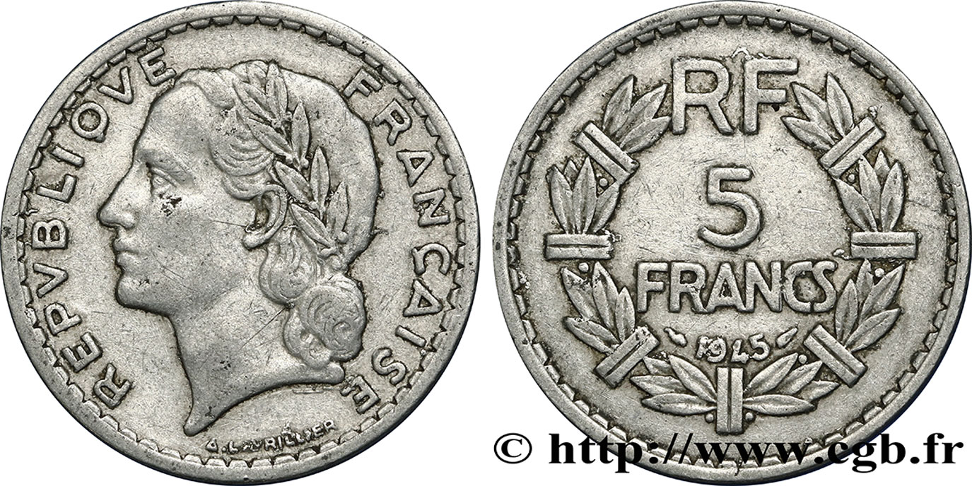 5 francs Lavrillier, aluminium 1945  F.339/2 TB30 