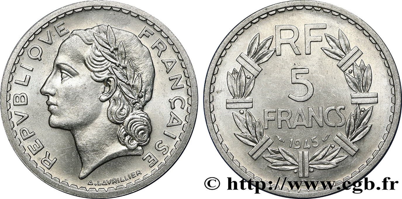 5 francs Lavrillier en aluminium 1945 Beaumont-le-Roger F.339/4 MS62 