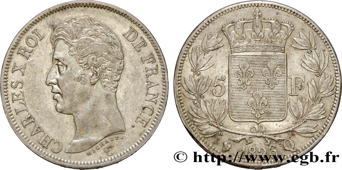 5 francs Charles X, 1er type 1826 Perpignan F.310/25 AU50 