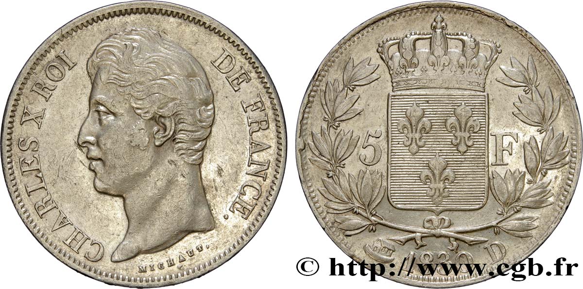 5 francs Charles X, 2e type 1830 Lyon F.311/43 AU50 