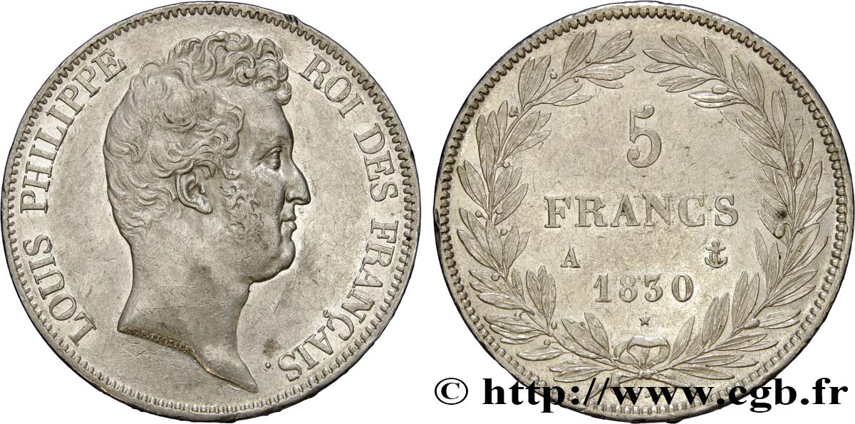 5 francs type Tiolier sans le I, tranche en creux 1830 Paris F.313/1 SPL55 