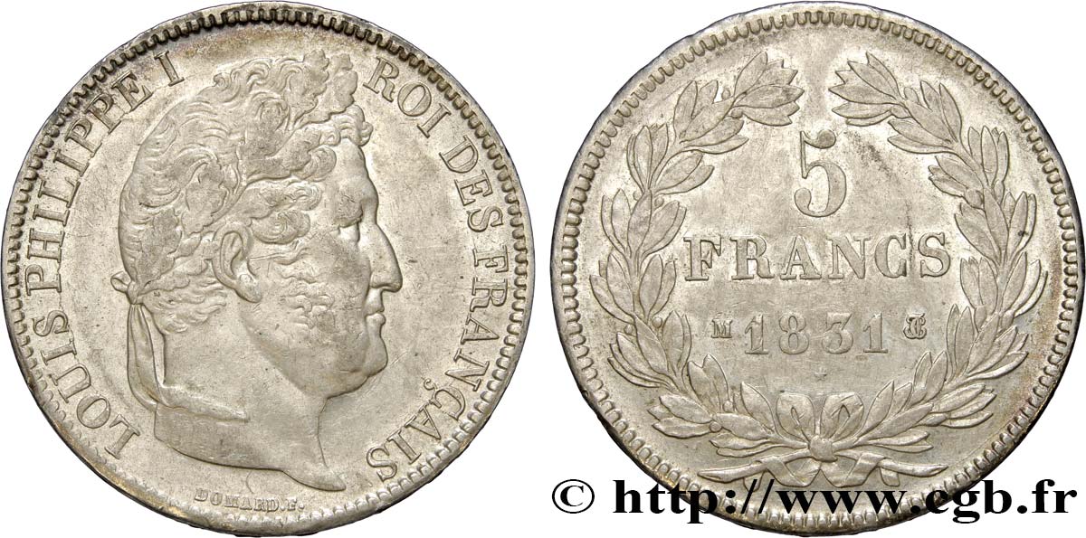 5 francs Ier type Domard, tranche en creux 1831 Toulouse F.319/5 AU55 