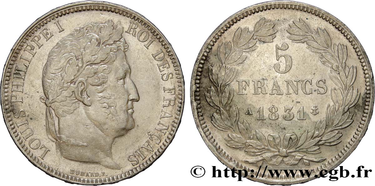 5 francs Ier type Domard, tranche en relief 1831 Paris F.320/1 VZ55 