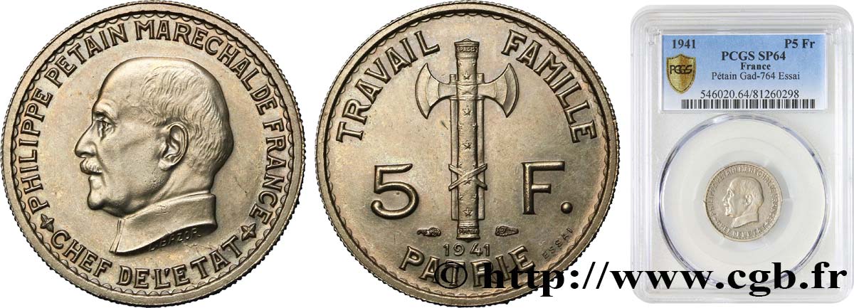 Essai de 5 francs Pétain 1941 Paris F.338/1 SPL64 PCGS