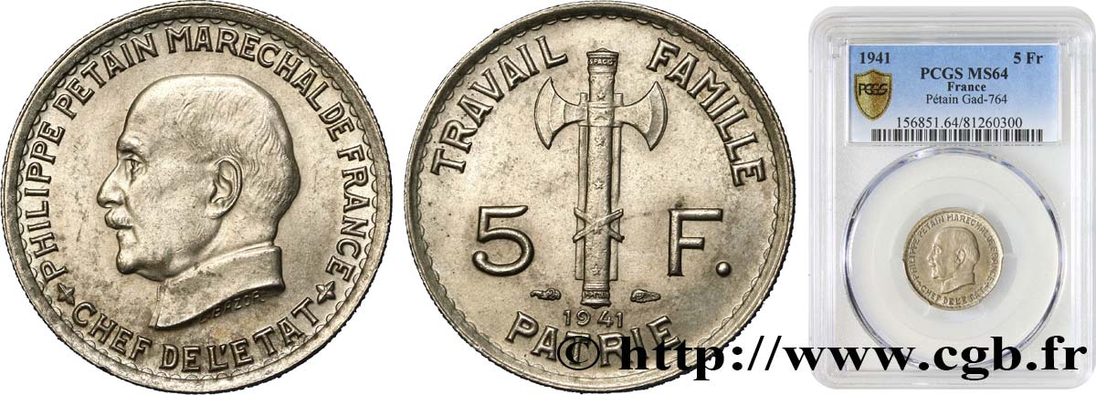 5 francs Pétain  1941  F.338/2 MS64 PCGS