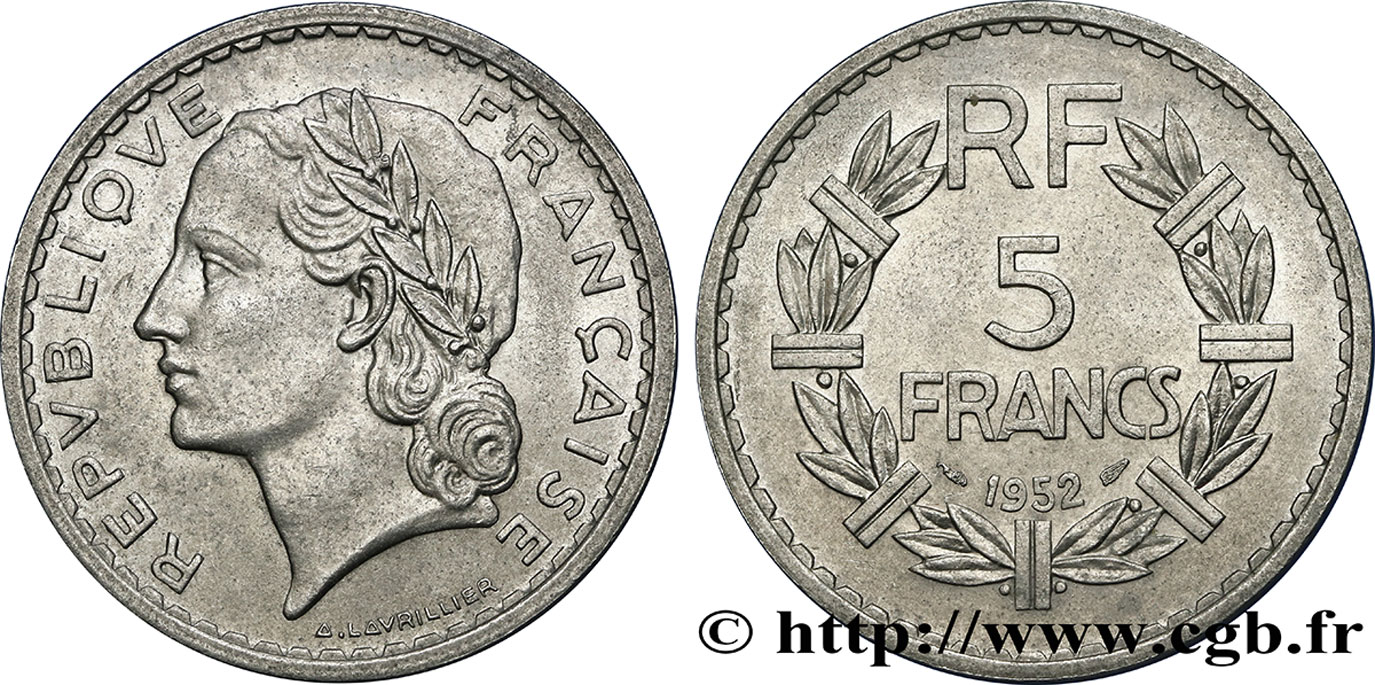 5 francs Lavrillier, aluminium 1952  F.339/22 TTB52 