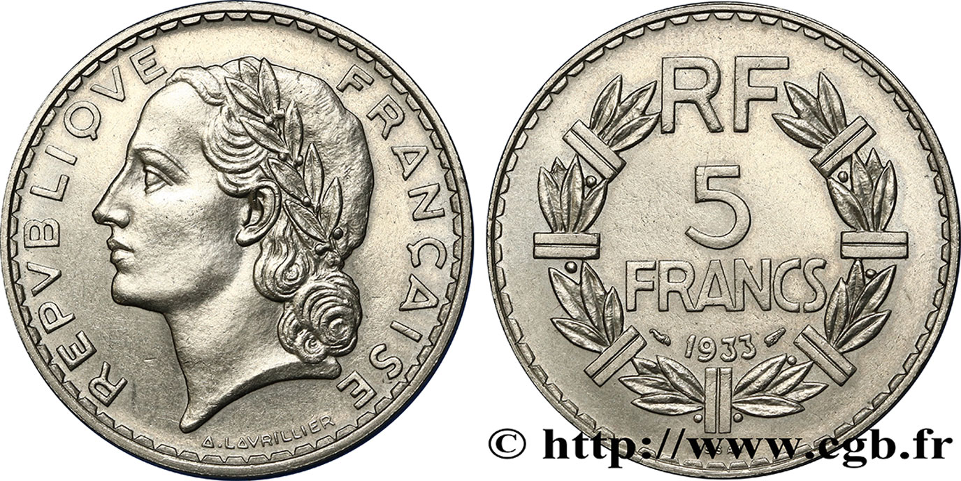 Essai de 5 francs Lavrillier, nickel 1933  F.336/1 VZ60 