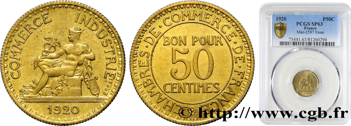 Essai de 50 centimes Chambres de commerce 1920 Paris F.191/1 fST63 PCGS