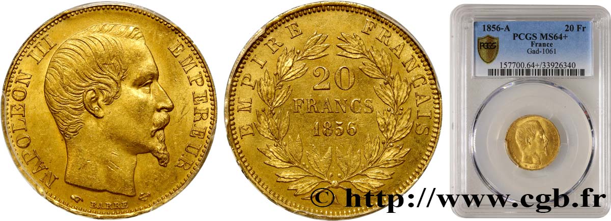 20 francs or Napoléon III, tête nue 1856 Paris F.531/9 SPL64 PCGS