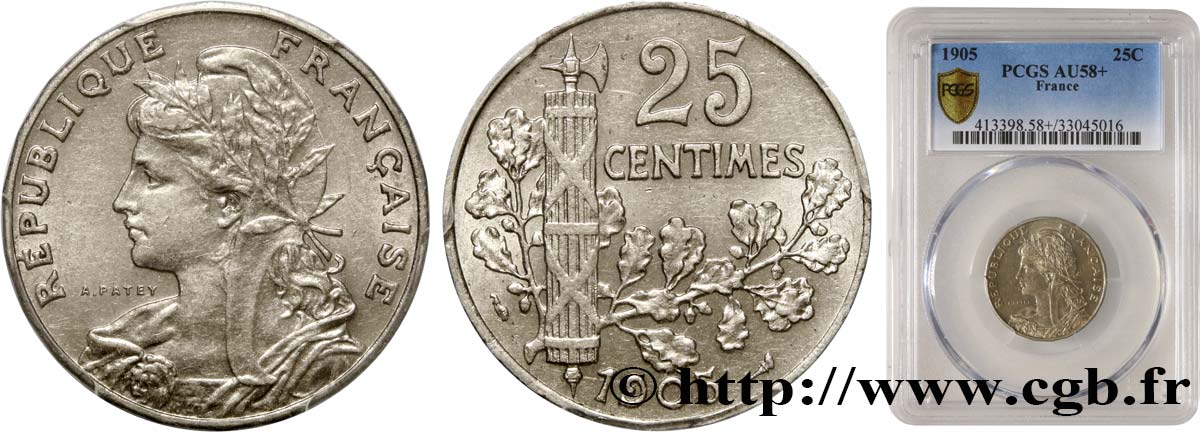 25 centimes Patey, 2e type 1905  F.169/3 AU58 PCGS