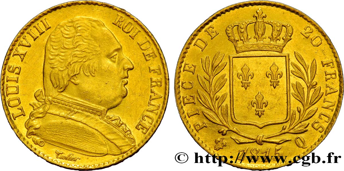 20 francs or Louis XVIII, buste habillé 1815 Perpignan F.517/16 SPL 