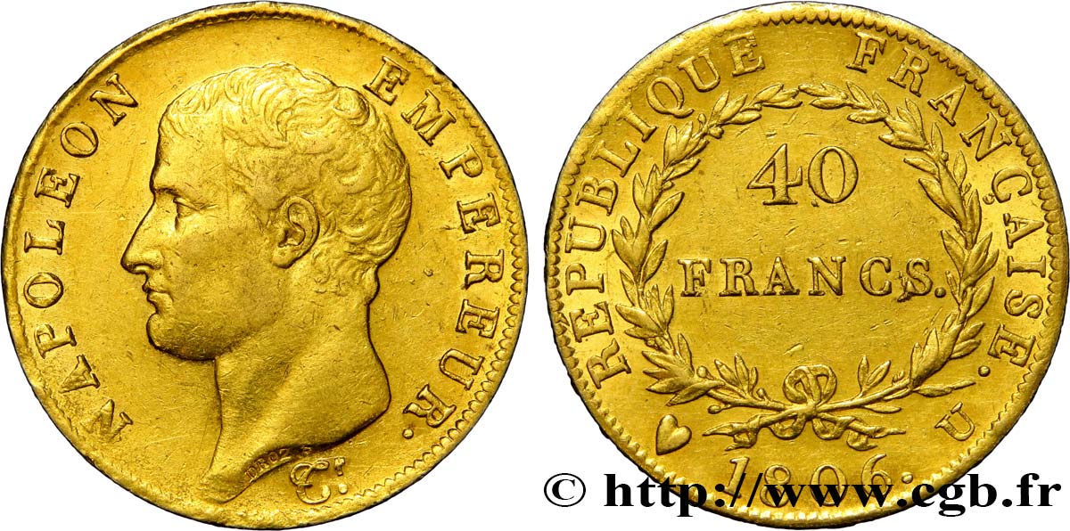 40 francs or Napoléon tête nue, Calendrier grégorien 1806 Turin F.538/4 MBC54 