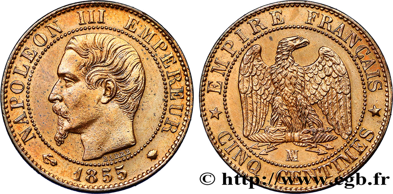 Cinq centimes Napoléon III, tête nue 1855 Marseille F.116/27 SPL62 