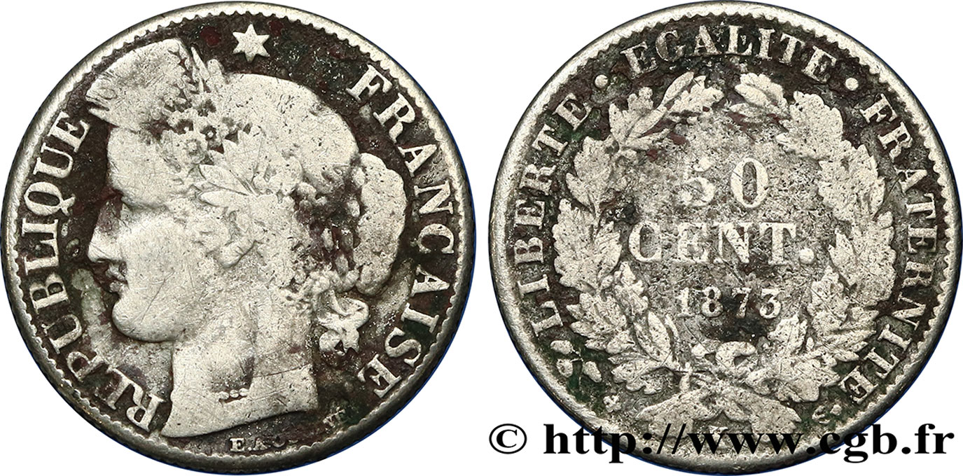 50 centimes Cérès, IIIe République 1873 Bordeaux F.189/6 VG10 