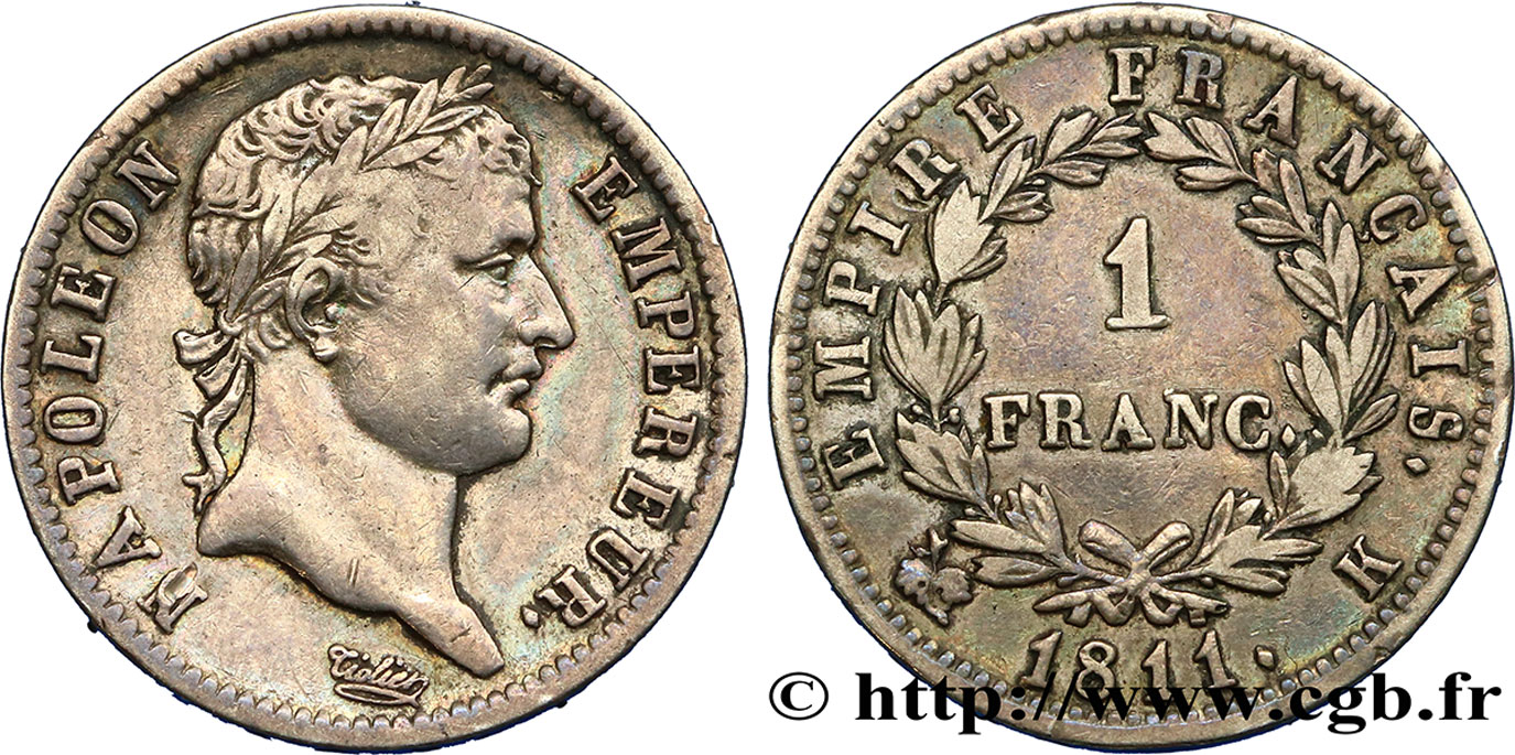 1 franc Napoléon Ier tête laurée, Empire français 1811 Bordeaux F.205/34 XF40 