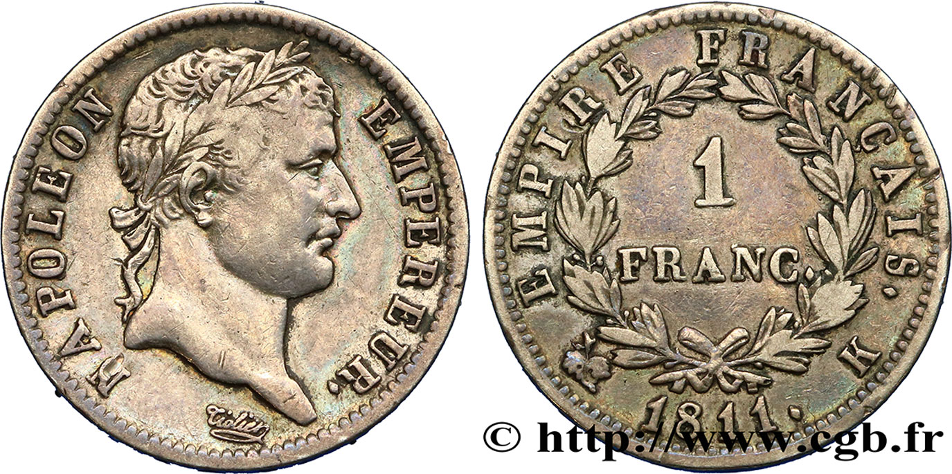 1 franc Napoléon Ier tête laurée, Empire français 1811 Bordeaux F.205/34 TTB40 